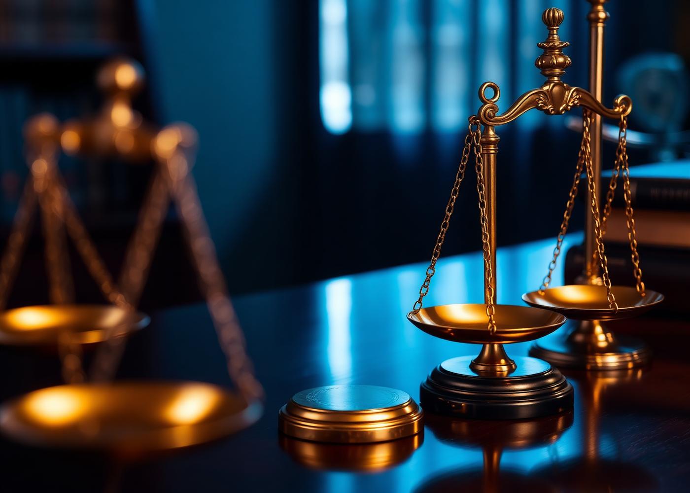 Scales of justice on a dark desk